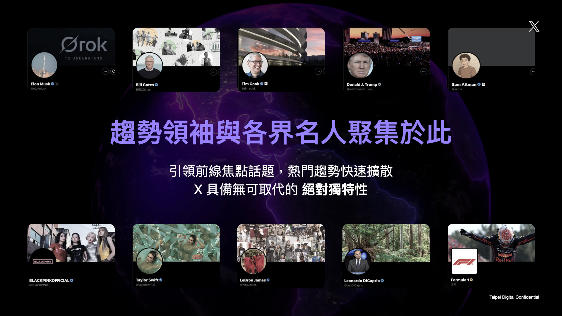 趨勢領袖與各界名人聚集於此，引領前線焦點話題，熱門趨勢快速擴散，X 具備無可取代的絕對獨特性